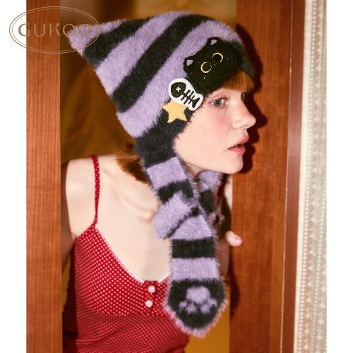 【Gukoo果壳】冬季毛绒保暖帽子冬天女士日系编织小猫百搭毛线帽