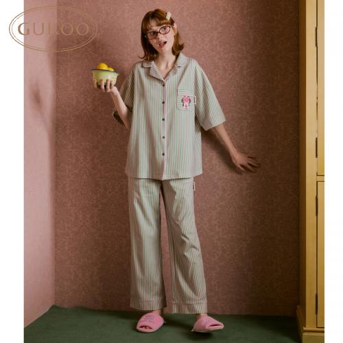 Gukoo/果壳睡衣新款米奇家族翻领春条纹短袖女居家服套装可外穿