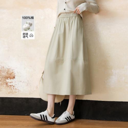 德玛纳【100棉】春季韩风松紧腰纽扣装饰口袋A字小个子女式半身裙G541121336409