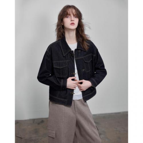 德玛纳【云感棉混纺】春季复古风翻领假口袋明线宽松小个子女式牛仔外套G541121726603