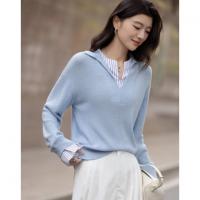 【绵羊毛桑蚕丝混纺】2026春极简风拼接条纹翻领线衫气质女式针织衫