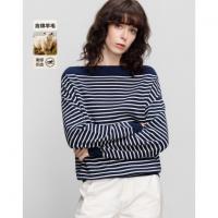 【含绵羊毛】2026春航海老钱风一字领拼色线衫条纹软弹针织衫女上衣