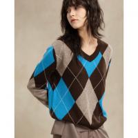 【蓬松绵羊毛】冬季复古V领撞色菱形格提花线衫罗纹针织衫女上衣