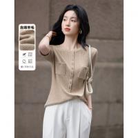 【含绵羊毛】夏季多巴胺双口袋线衫舒适贴肤短袖藏肉针织衫女上衣