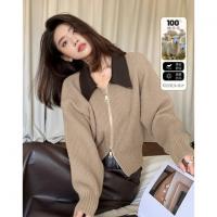 【100绵羊毛】春秋复古风拼接翻领开衫小个子气质针织衫女上衣