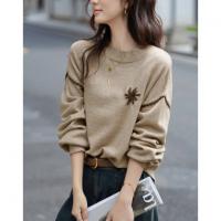 【美拉德风线衫】春秋复古撞色绣花圆领长袖宽松遮肉针织衫女上衣