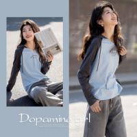 【盐系少年感】春季小V连帽领180G棉氨字母印花撞色女式t恤