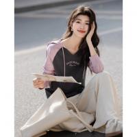 【盐系少年感】春季小V连帽领180G棉氨字母印花撞色女式t恤