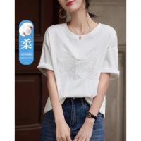 【面膜t恤】春季180G棉氨短袖t恤女刺绣蕾丝蝴蝶结女式t恤