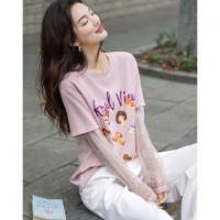 【马卡龙穿搭】夏季设计感假两件拼接打底衫印花云氧棉女式t恤