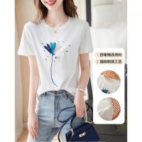 【棉质植物刺绣女式t恤】夏季款通勤圆领休闲微弹短袖t恤女