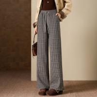 【温暖加绒系列】冬季慵懒风松紧腰系带格纹直筒小个子女式休闲裤