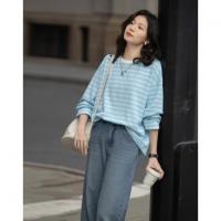 【海岸线日记】春季韩风华夫格渐变条纹上衣宽松遮肉好搭女式卫衣
