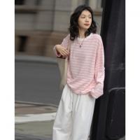 【海岸线日记】春季韩风华夫格渐变条纹上衣宽松遮肉好搭女式卫衣