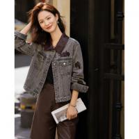 【含云氧棉】秋季设计感撞色拼接PU翻领珠片刺绣女式牛仔外套