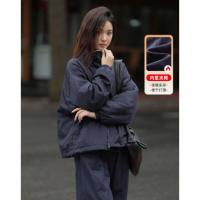 【藏青色简约棉外套】冬款立领拼接仿羊羔毛夹棉外套女