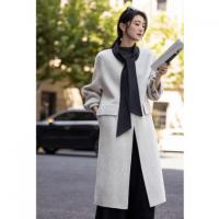 【精英衣橱】冬季绵羊毛撞色飘带领大衣直筒中长气质女式毛呢外套