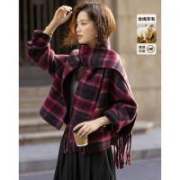 【奢感绵羊毛双面呢】冬季韩风流苏围巾格纹复古小个子藏肉女外套