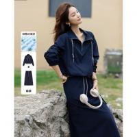 【抑菌冰藻泥套装】2026春立领落肩上衣抽绳大口袋半身裙女式两件套