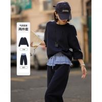 【格纹屁帘装饰】2026春学院风空气层套装圆领上衣松紧腰裤子两件套