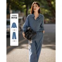 【100莱赛尔套装】2026春不对称口袋压线上衣松紧腰长裤女两件套