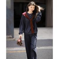 【长期主义】冬季撞色披肩保暖直筒短款卫衣阔腿长裤套装女两件套