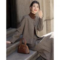 【含绵羊毛】冬季芝麻点毛呢套装圆领短上衣褶皱A字半裙女两件套