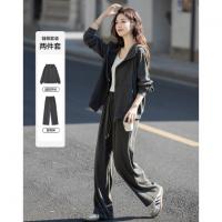 【城市漫游套装】春季慵懒风连帽开衫上衣松紧腰直筒裤女式两件套
