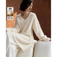 【100绵羊毛】冬季气质V领提花线衫翻边袖宽松针织衫女上衣