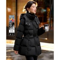 【5A抗菌蓄热】冬季连帽90鸭绒腰带束腰户外中长款女式羽绒服