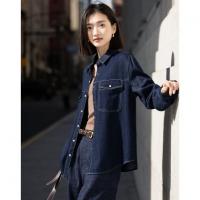 【云氧棉】2026春都市风翻领撞色压线内侧磨毛小个子女式牛仔衬衫