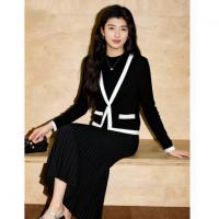 【香风写意】冬季假两件小香风撞色含绵羊毛A字针织连衣裙女长款