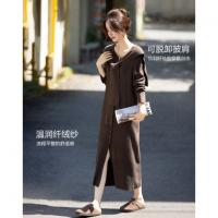 【可脱卸披肩】秋季小优雅纤绒纱V领前开叉中长款气质女式连衣裙