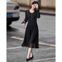 【韩风天花板】春秋高智涵养V领拼接花边收腰A字遮肉女式连衣裙