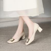 2023春季新款简约通勤方头金属H字母扣单鞋女