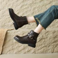 【甜酷学院风】25冬韩系通勤月会百搭加绒圆头皮带扣马丁靴女