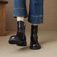 冬季时尚潮流甜酷西部复古圆头双扣纯色骑士靴女靴