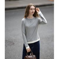 唐狮2026秋冬季女假两件撞色拼接针织打底衫修身灰色百搭时尚
