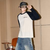 唐狮2025春秋季男款圆领长袖T恤字母发泡印撞色插肩袖设计感T恤