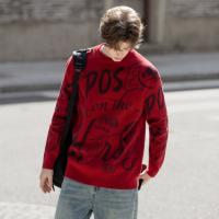 唐狮2026秋冬情侣同码圆领满印大文字图案毛线衫休闲宽松百搭