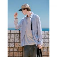 唐狮2026春秋季新款条纹衬衫男长袖日系宽松休闲蓝色男衬衣外套