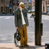 唐狮春秋季新款条纹开衫男宽松工装纯色衬衣休闲外套牛仔潮