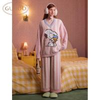 Gukoo/果壳新款半边绒保暖睡衣女秋冬可爱卡通家居服冬套装D