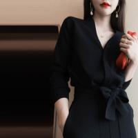 【爱乐之城】秋气质名媛风套装V领系带上衣开叉半裙女式两件套