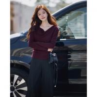 【慵懒序章】秋季法式复古褶皱荡领线衫修身含绵羊毛针织衫女上衣