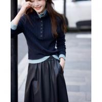 【智暖格调】2025冬通勤风撞色立领线衫气质舒适小个子针织衫女上衣