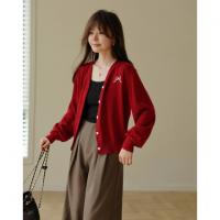 【高智感氛围】秋简约风绣花V领开衫软糯含绵羊毛针织衫女上衣