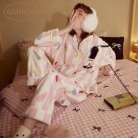 Gukoo/果壳睡衣女卡通印花新款条纹保暖牛奶绒女家居服套装D
