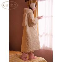 Gukoo/果壳睡袍女冬季夹棉保暖新款爱心满印女士简约家居服睡袍D