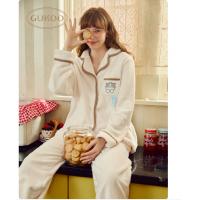 果壳（Gukoo）睡衣女冬季鲨鱼猫联名毛绒保暖简约翻领女士家居服套装 牛乳白